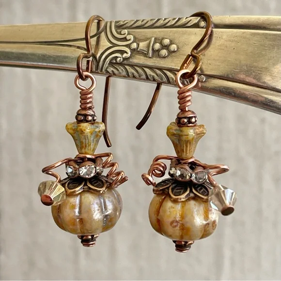 Hand Crafted “Pumpkin Crème Brûlée” Dangle Earrings - Picture 5 of 12